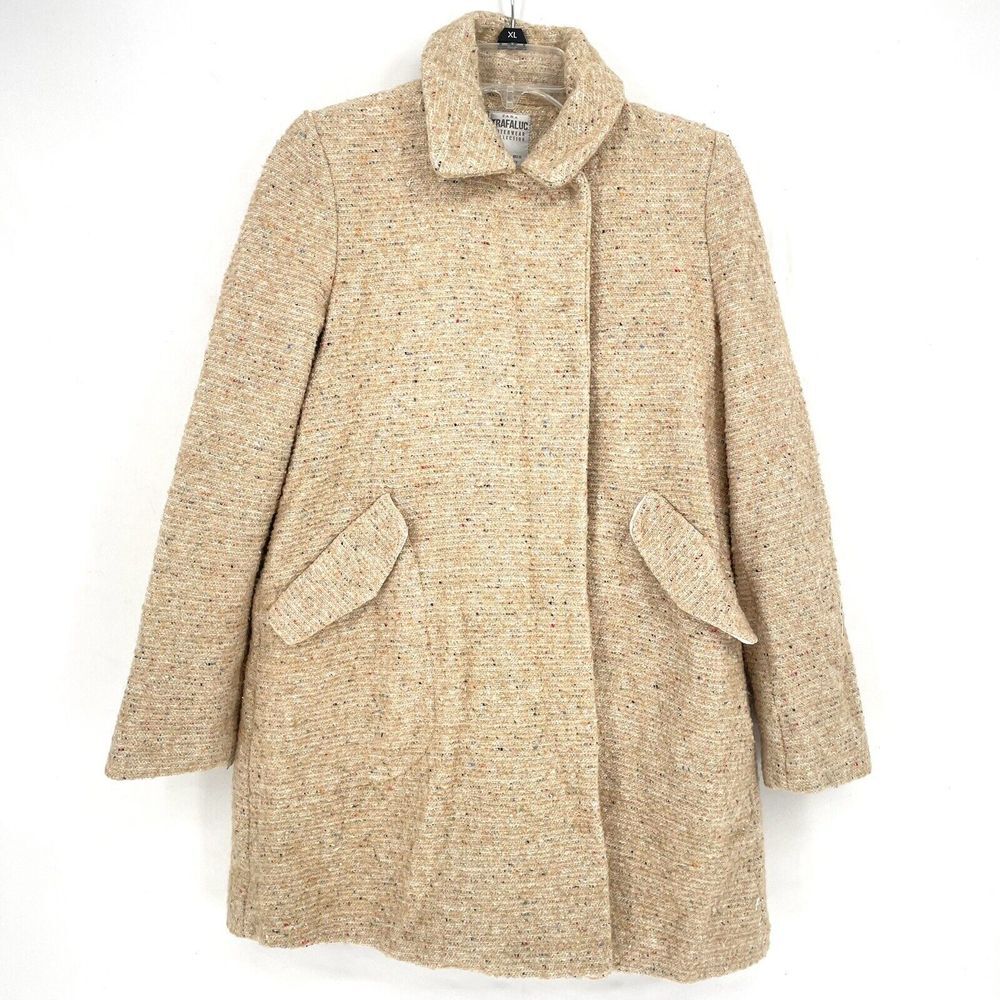 Zara Trafaluc Overcoat Sz S Lined Button-Up Collared Welt Pockets Tweed Oatmeal